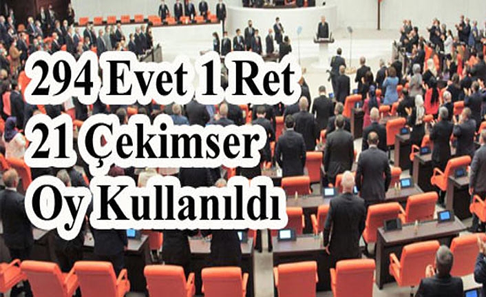 294 Evet 1 Ret 21 Çekimser Oy Kullanıldı