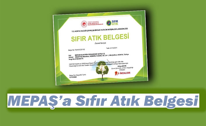 MEPAŞ’a Sıfır Atık Belgesi